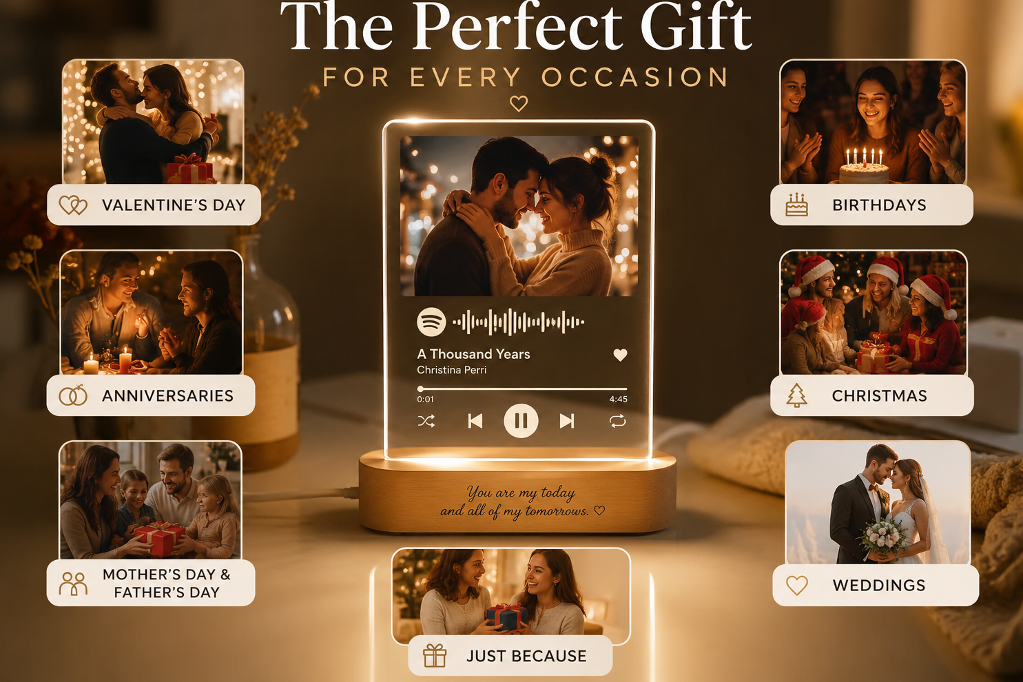 A glowing rectangular LED light plaque on a wooden base displays a Spotify playlist screen with romantic couple imagery and the text 'You are my today and all of my tomorrows.' Surrounding it are labeled gift occasion cards for Valentine's Day, Birthdays, Anniversaries, Christmas, Mother's Day & Father's Day, Just Because, and Weddings, under the headline 'The Perfect Gift For Every Occasion.